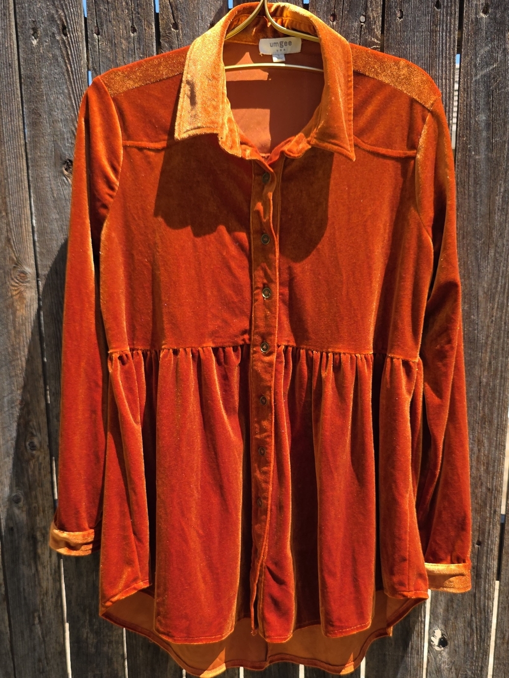 Unsee Burnt Orange Velvet Peplum Button Down Blouse High Low Fall